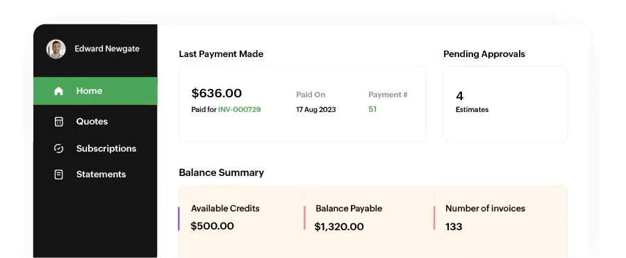 Pantalla oficial del portal del cliente de Zoho Billing con facturas y saldos