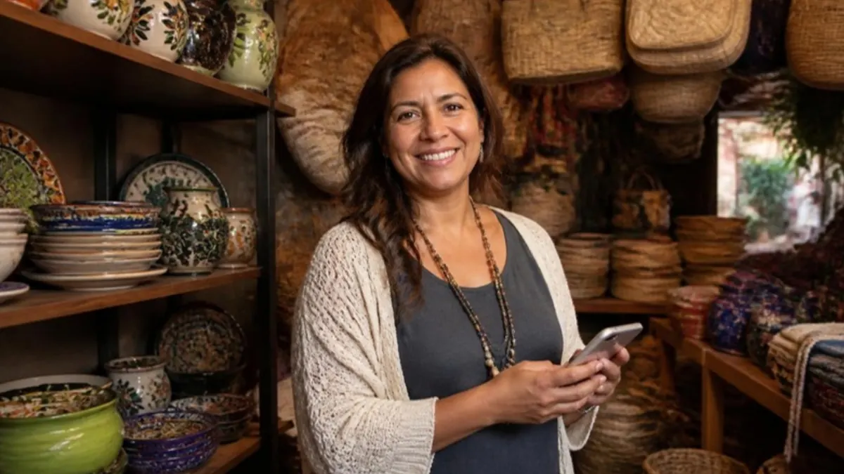 Dona latina de uma loja de artesanato sorrindo com o celular na mão