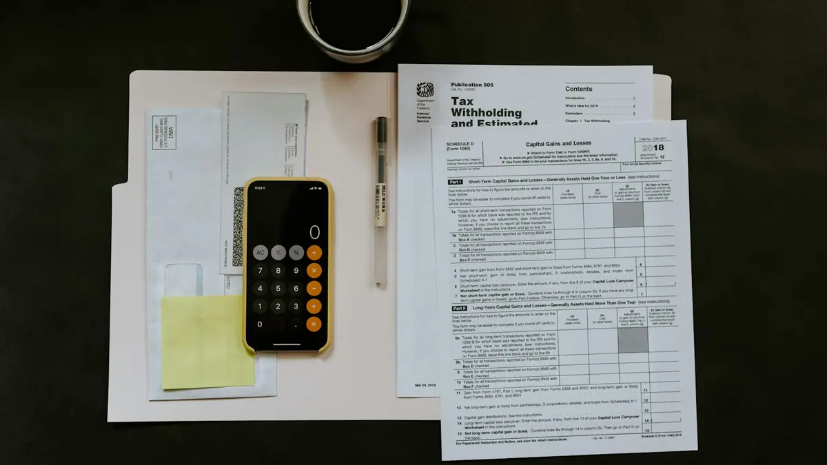 Documentos tributarios, celular con calculadora y bolígrafo sobre una mesa