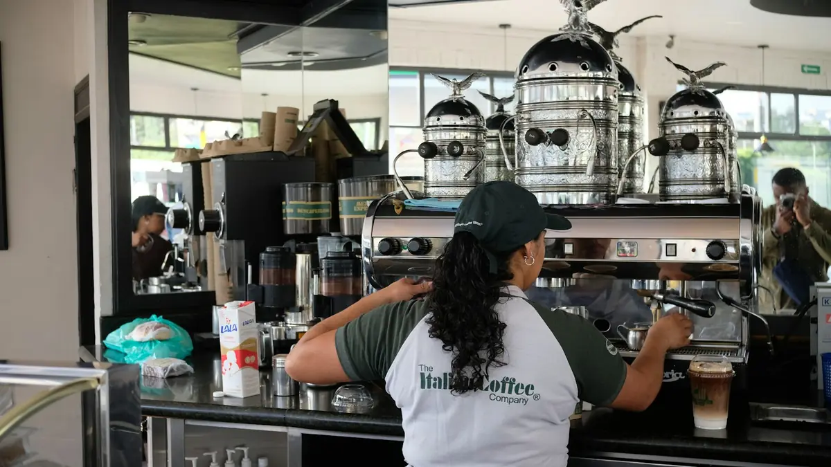 Barista preparando café detrás del mostrador de una cafetería