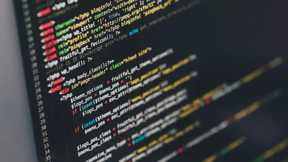 Lines of HTML code from a website template on a dark screen