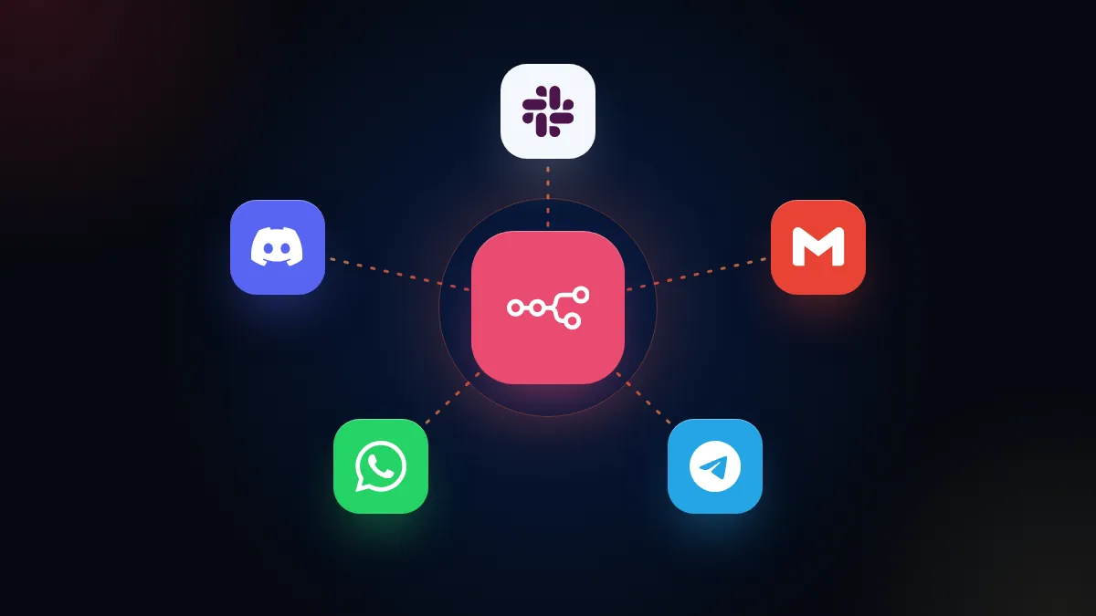 Ícone do n8n conectado ao Slack, Gmail, Telegram, WhatsApp e Discord