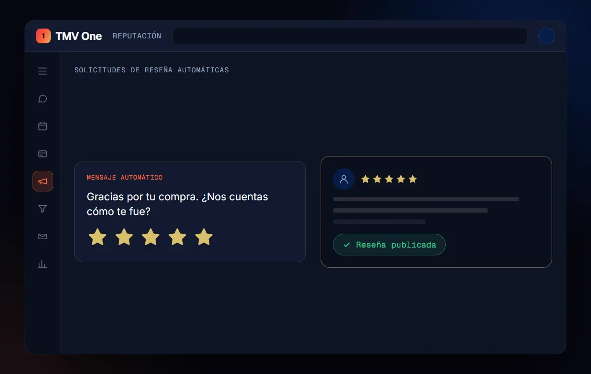 Módulo de reputación de TMV One con mensaje automático pidiendo la reseña y la reseña publicada
