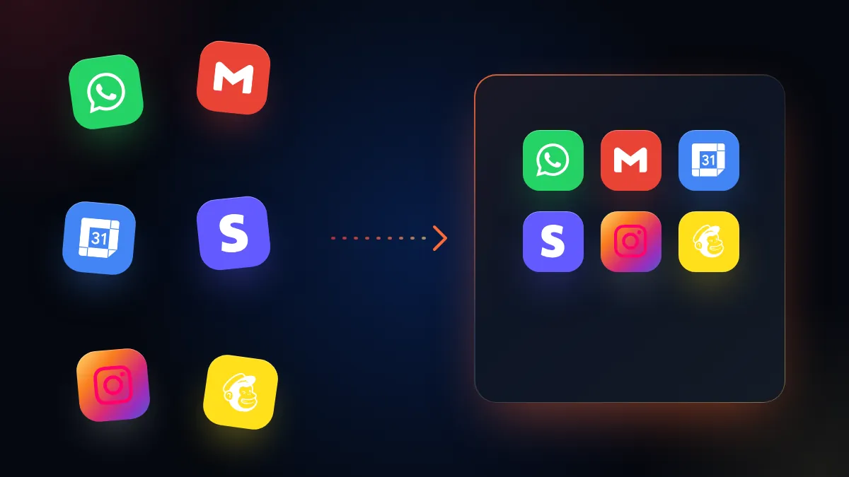 Ícones soltos de WhatsApp, Gmail, Google Calendar, Stripe, Instagram e Mailchimp que se reúnem em uma só plataforma