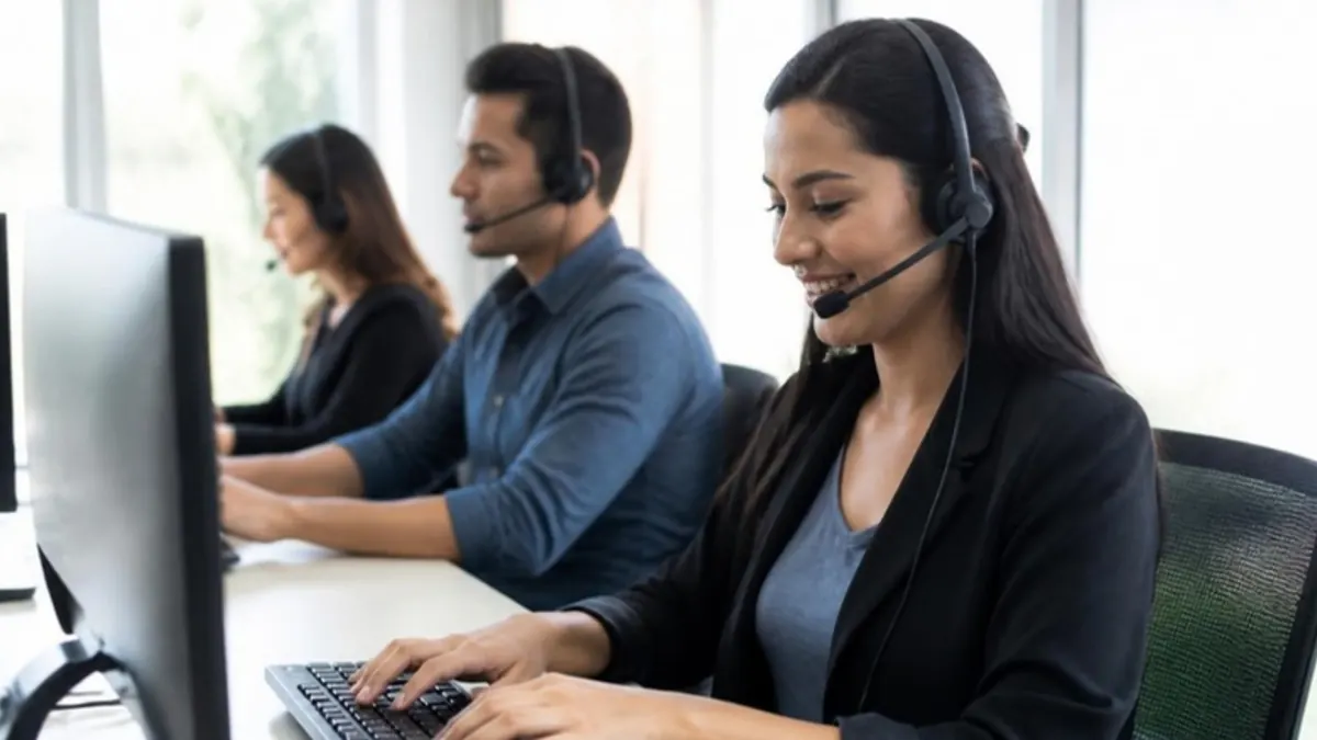 Equipo latino de atención al cliente con diademas respondiendo desde sus computadores