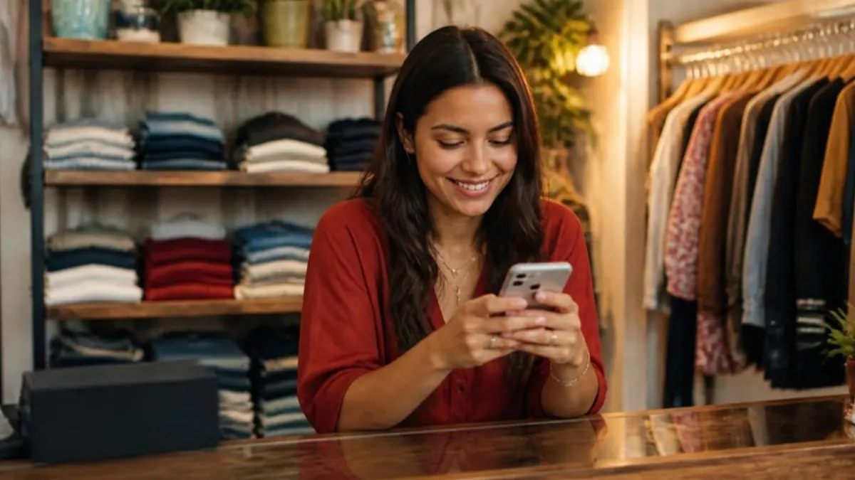 Dueña latina de una boutique respondiendo mensajes de clientes desde su celular
