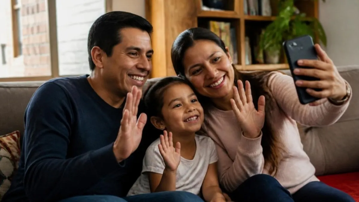 Familia latina saludando en una videollamada desde la sala de su casa