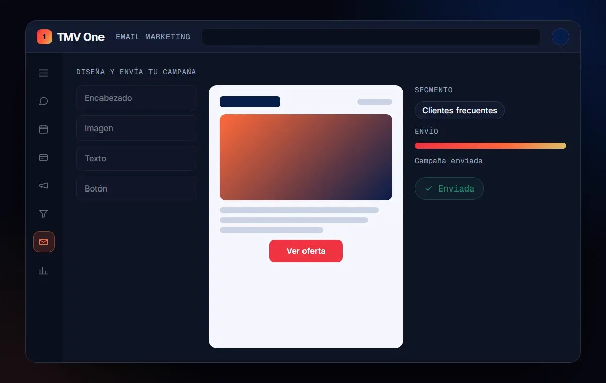 TMV One email campaign editor with blocks, email preview and sending segment