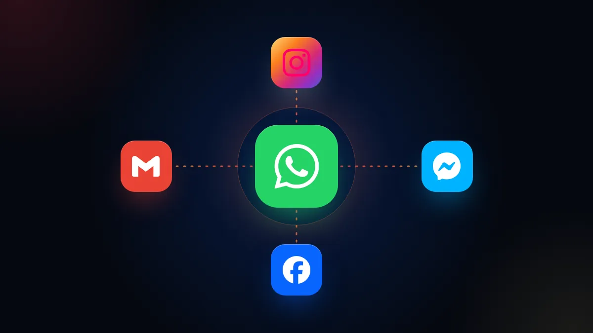 Ícone do WhatsApp cercado por Instagram, Messenger, Facebook e Gmail