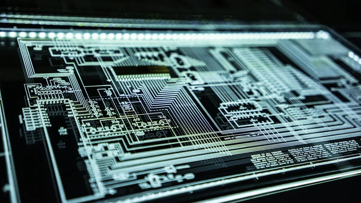 Diagrama de circuito iluminado sobre fondo oscuro, imagen de control de acceso técnico