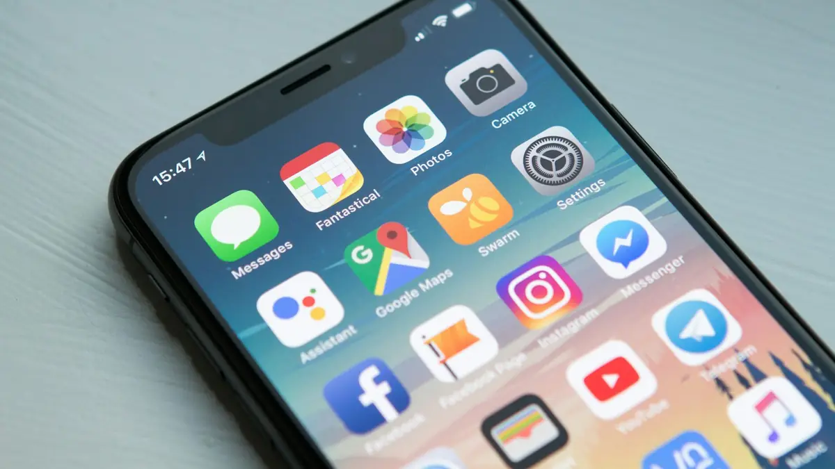 Celular mostrando la pantalla de inicio con aplicaciones como Google Maps, Instagram y Messenger
