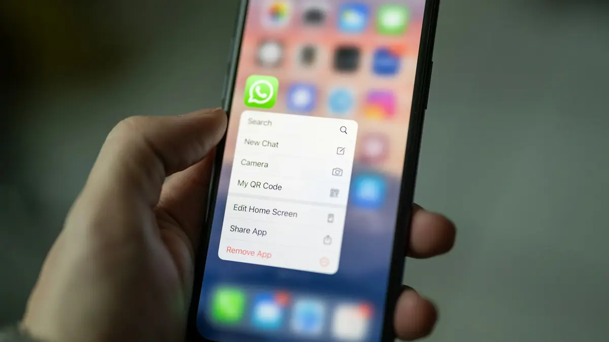 Hand holding a phone with the WhatsApp app on screen