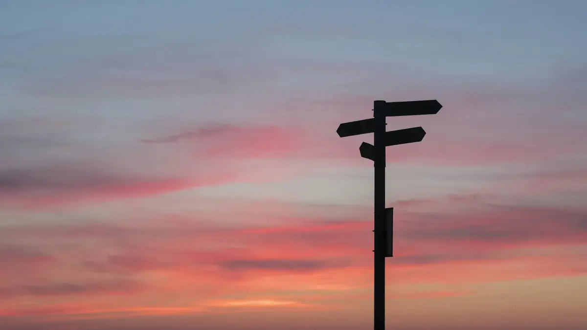 Signpost pointing two ways at sunset